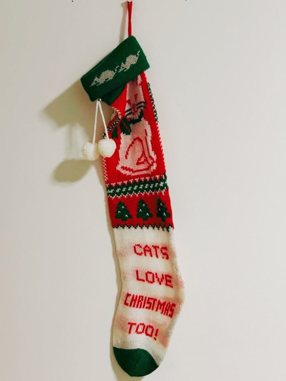 Vintage 1980s "Cats Love Christmas Too" Knit Stocking